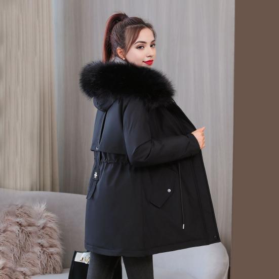 Зимнее пуховое пальто с утолщенным стеганым плюшевым капюшоном, средней длины, ветрозащитными карманами, длинными рукавами, регулируемым шнурком, повседневная верхняя одежда из хлопка, куртка