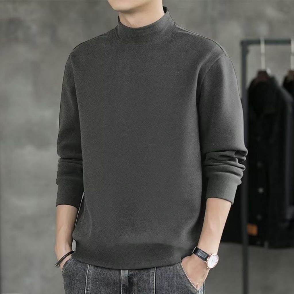 Men's Solid-color Casual High-neck Fitted Long-sleeved T-shirt, Men's Fleece Warm Base Layer Top