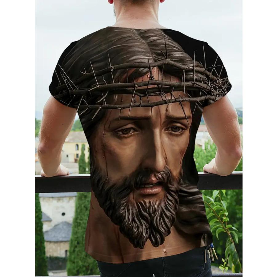 Men's 3D Cross Graphic Print Tee - Casual Short Sleeve Crew Neck T-shirt for Summer Outdoor Activities and Novelty Pajamas - Slightly Stretchy