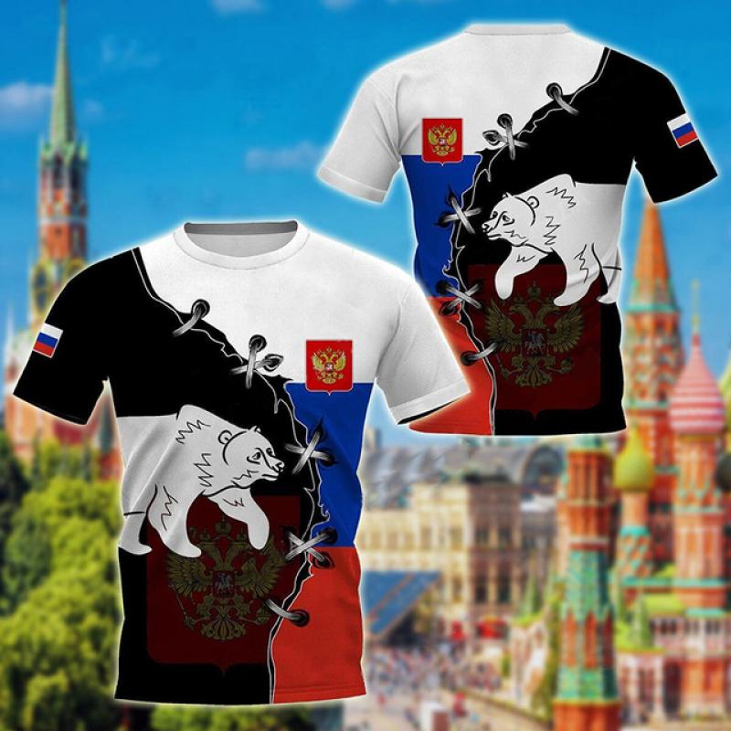 Новая мужская рубашка с короткими рукавами и круглым вырезом с принтом российского флага, мужская футболка, спортивная крутая одежда большого размера