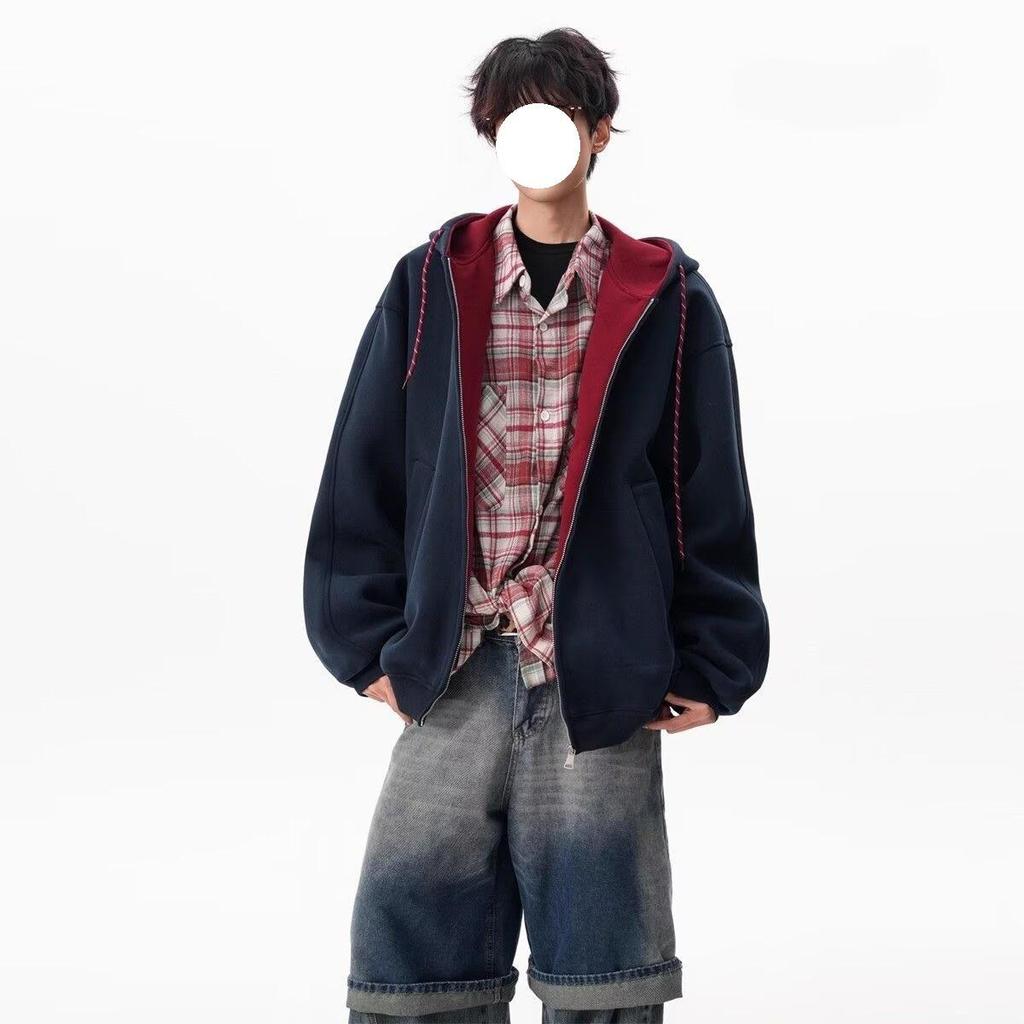 Унисекс худи колор-блок осенних цветов: Спортивная куртка свободного кроя в стиле колледжа на двойной молнии