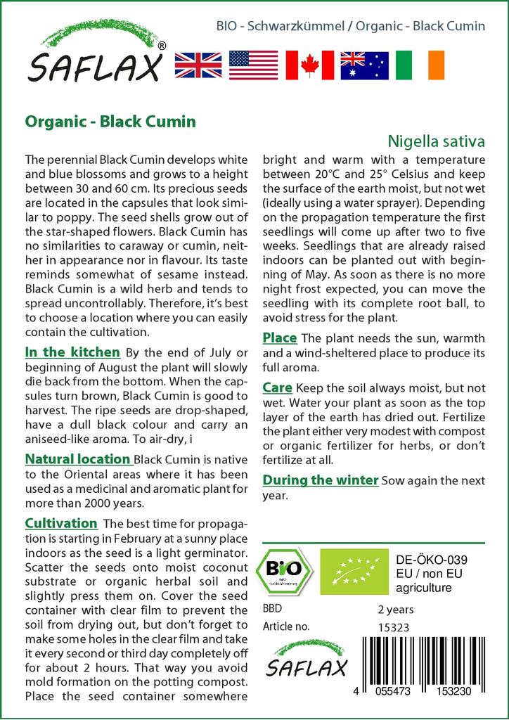 SAFLAX Garden in the Bag - Органический - Черный тмин - 300 семян - С субстратом в подходящем пакете - Nigella sativa