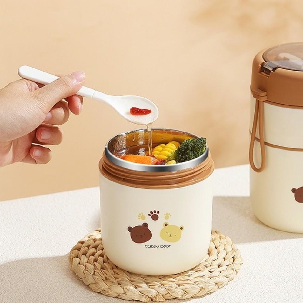 Stainless Steel Double Layers Lunch Box with Spoon Insulated Food Container Camping