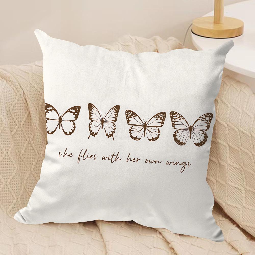 Brown Butterfly English Letters Cushion Cover Square Pillow Bedroom Sofa Leisure Comfort Living Room Home Decoration X