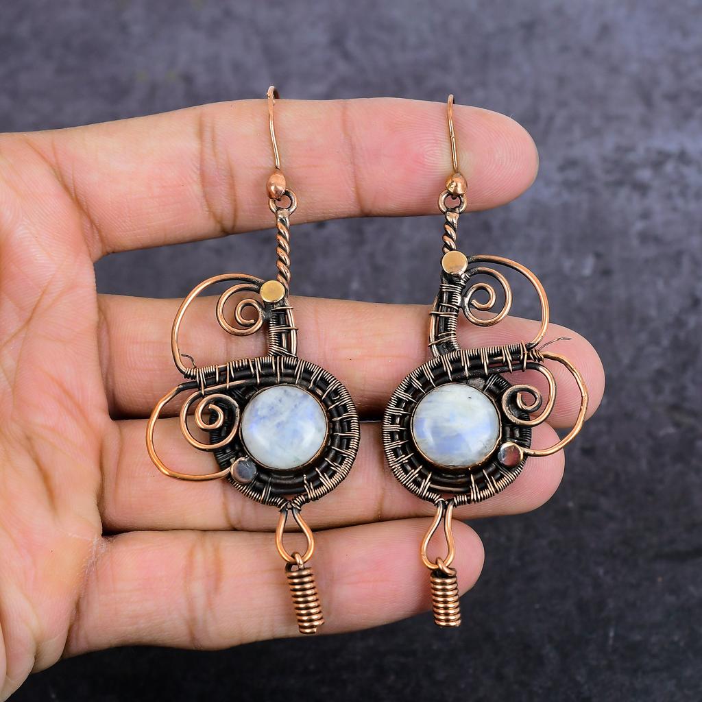 Natural Moonstone Gemstone Handmade Copper Wire Wrap Jewelry Earring 3.55" G0p68