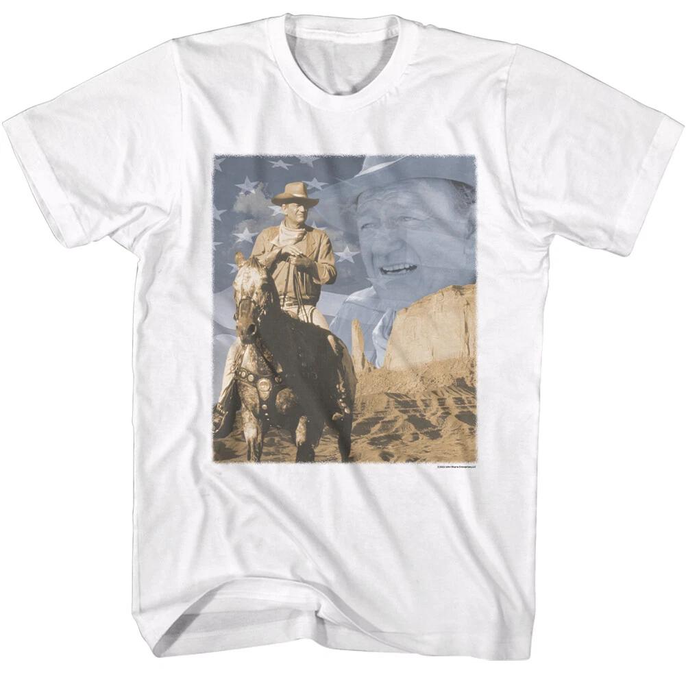 John Wayne American Legend Double Exposure Flag Riding In Desert Men's T Shirt