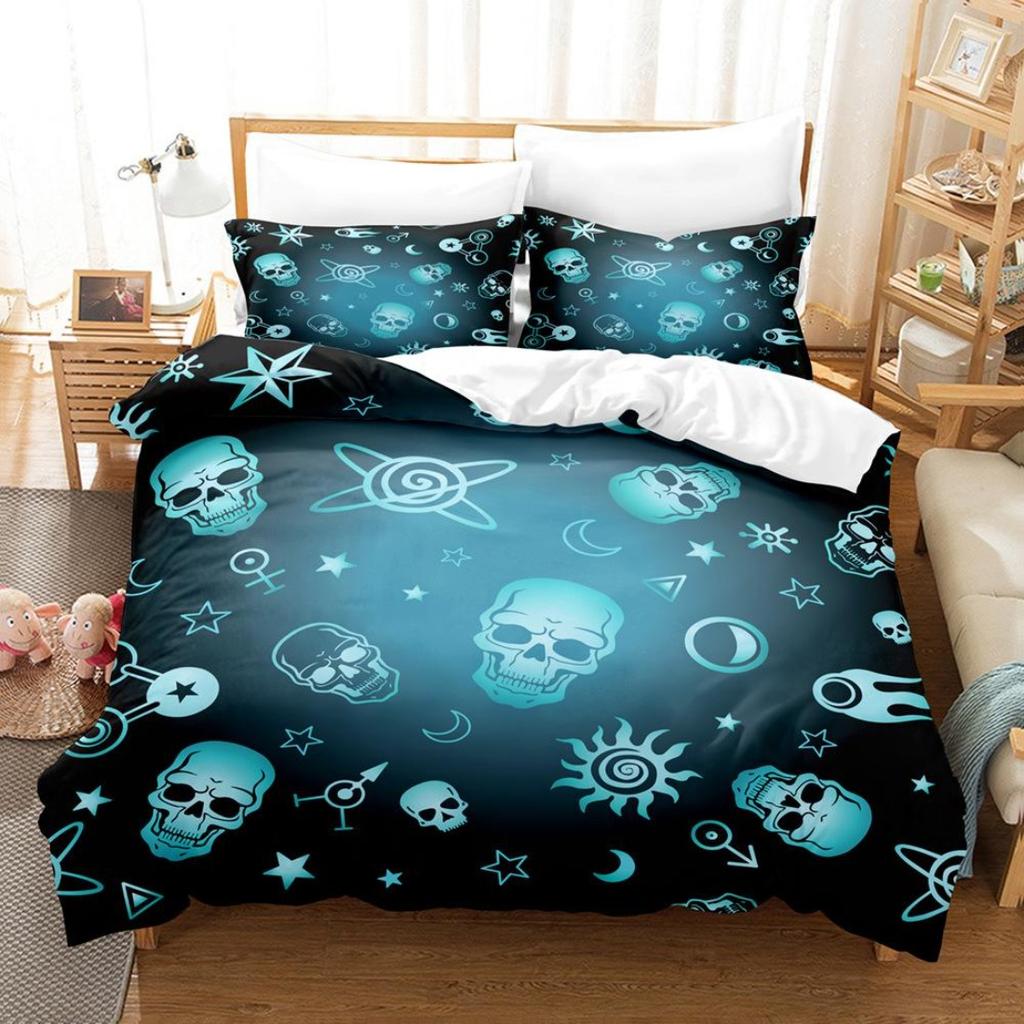 3D Printed Skull Head Bedding Set Halloween Themed Down Duvet Cover Pillowcases, 2/3 Pieces, Boys Room Horror Pattern Quilt Cover
