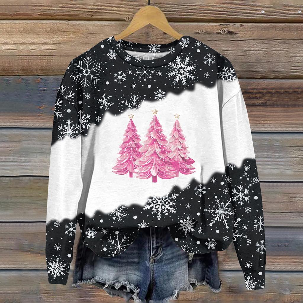Женская мода рождественский принт длинный рукав свободный круглый вырез толстовка топ осень