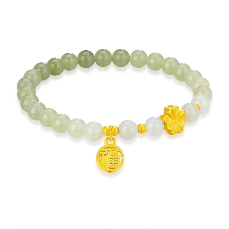 999 Pure Gold & Hetian Jade Women's Bracelet with Lotus, Seed Pod, Bamboo, and Lily of the Valley Design