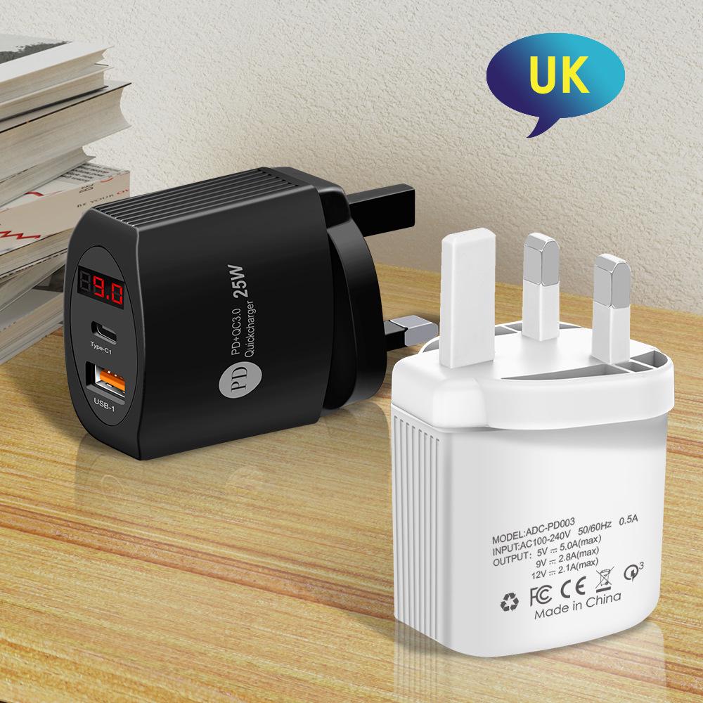 Быстрое зарядное устройство 25 Вт PD+QC3.0 с цифровым дисплеем - вилка EU/US/UK