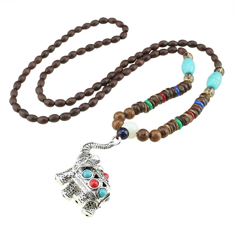 Ethnic Elephant Necklace Versatile Wooden Long Sweater Chain Handmade Vintage Buddha Cotton and Hemp Accessories Pendant