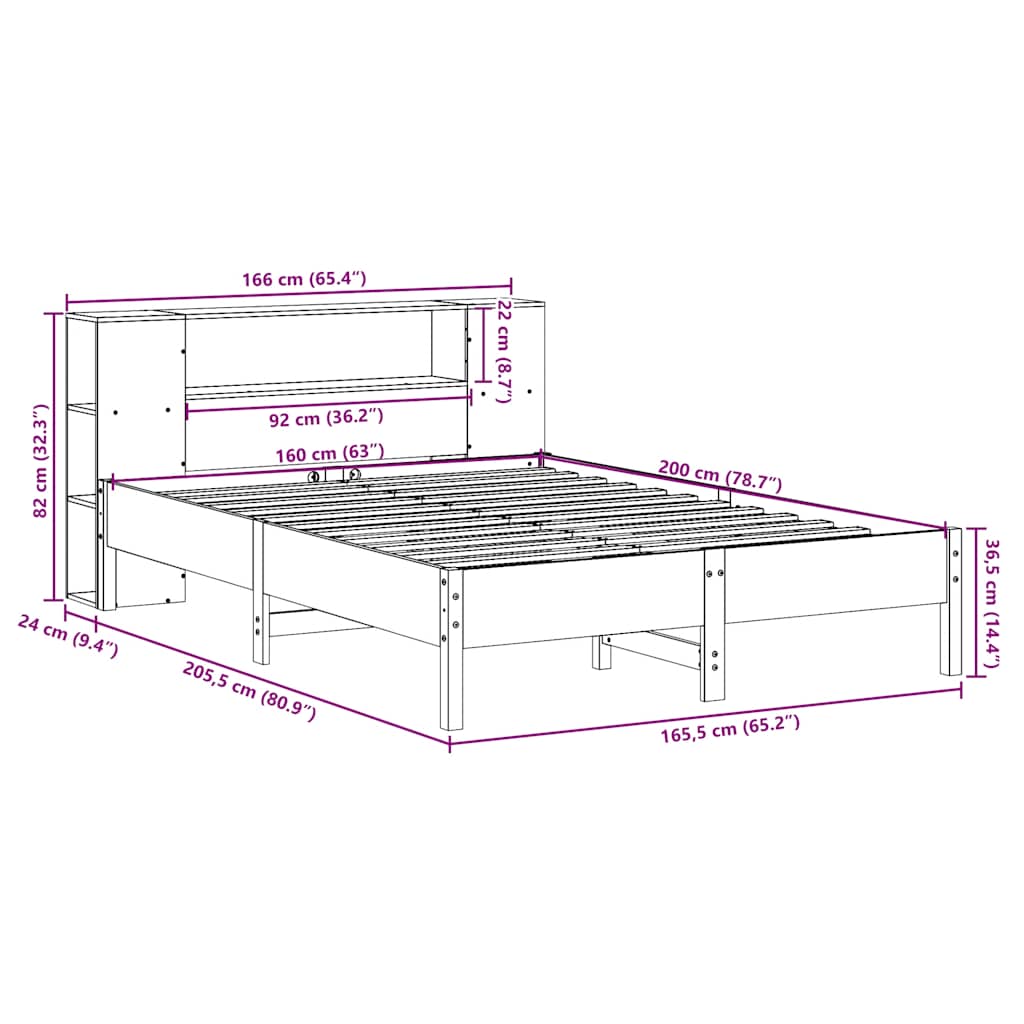 Solid Wood Bed with Shelf Without Mattress White 160x200 cm Pine