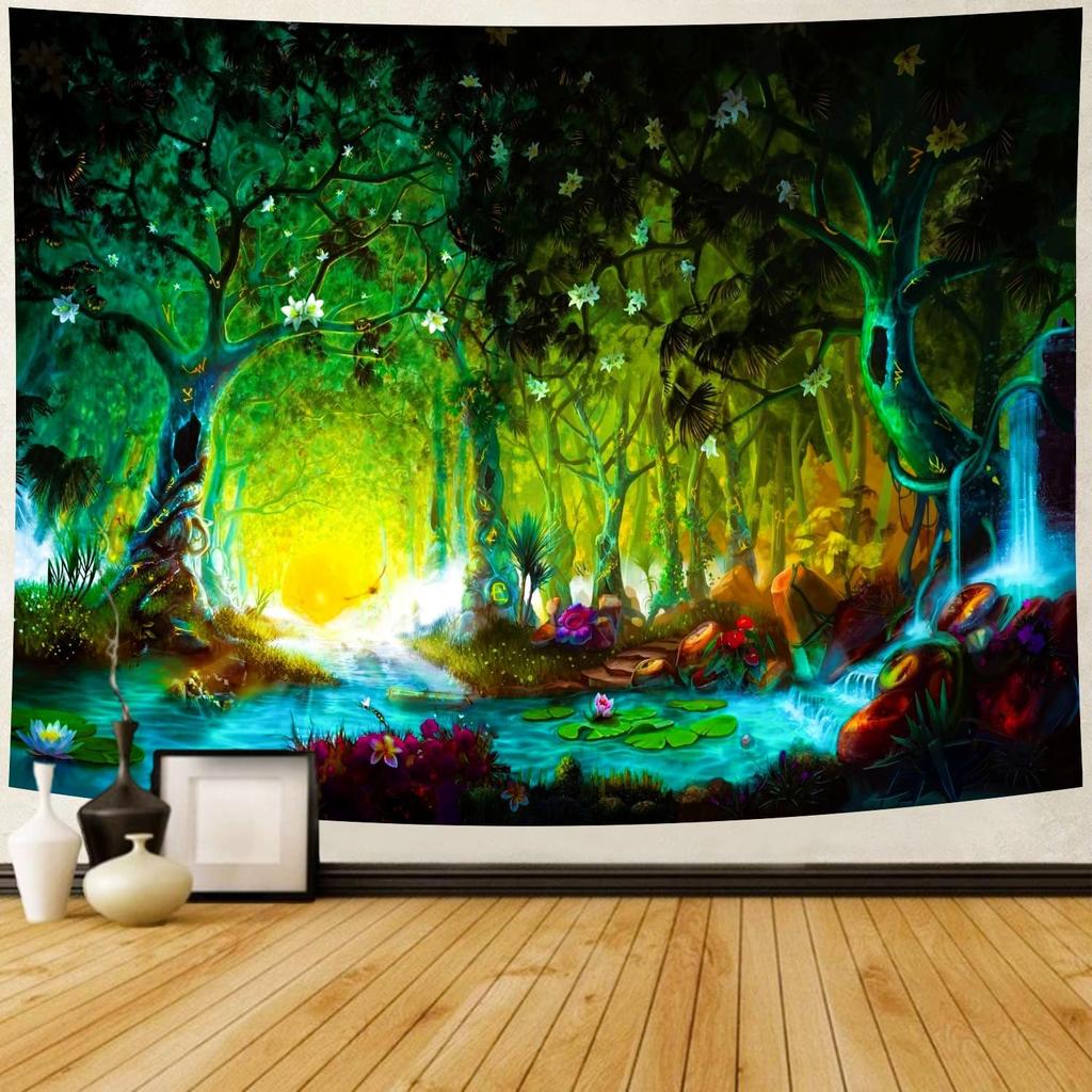 Delur Magical Forest Tapestry Fantasy Tree of Life Fairy Tale Enchanted Mystical Forest Tapestry Psychedelic Nature Landscape Wall Hanging Headboard