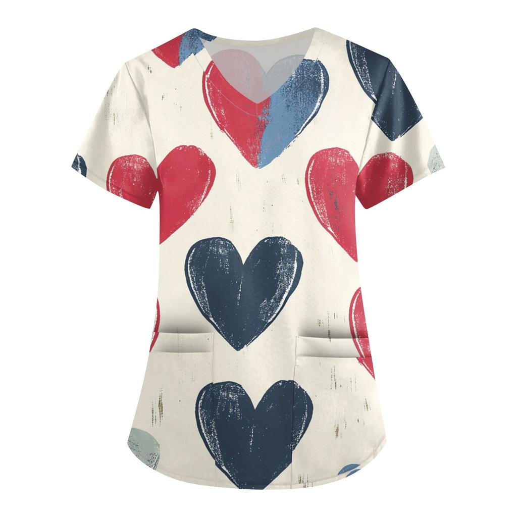 Women's Fashion V-neck Short-sleeved Work Clothes With Pockets Valentine's Day Print Top