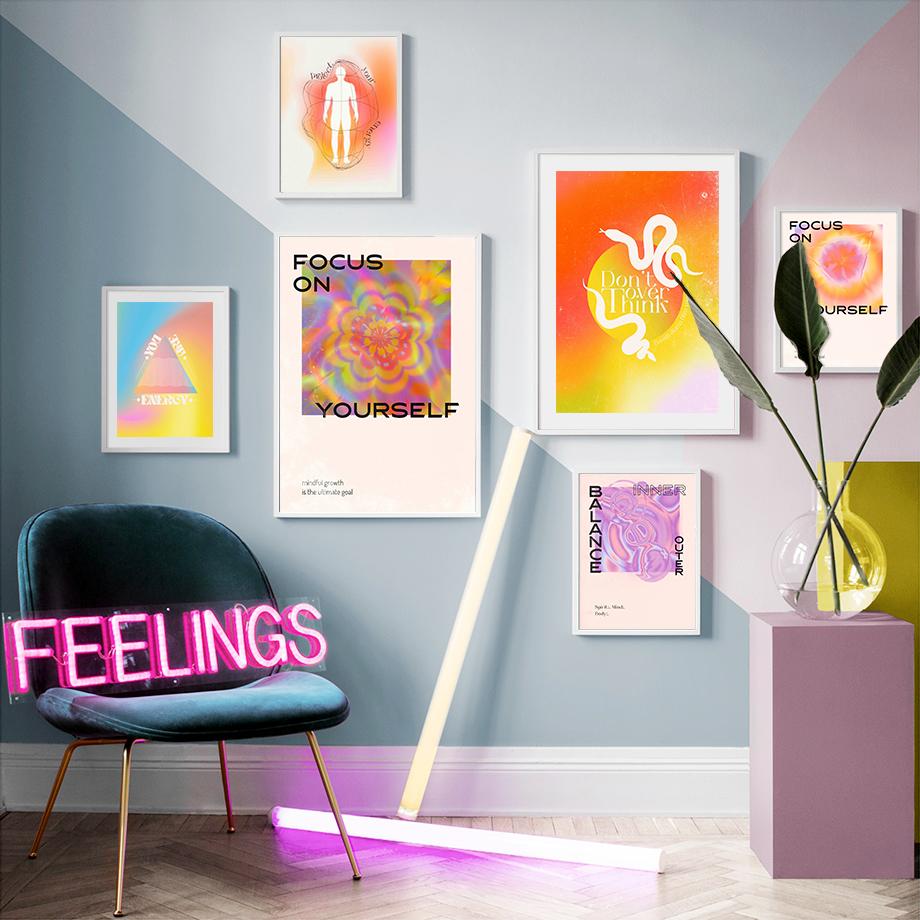 Retro Psychedelic Gradient Mindful Quotes Wall Art Canvas Painting Nordic Posters And Prints Wall Pictures For Living Room Decor
