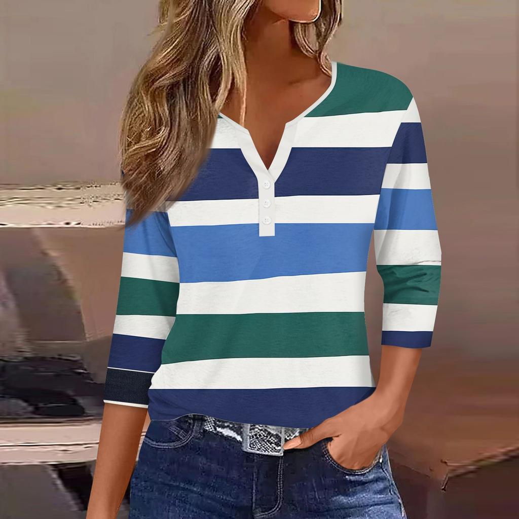 Women's Fashion Casual Striped Print V-Neck Decorative Button Three-quarter Sleeve T-Shirt Top