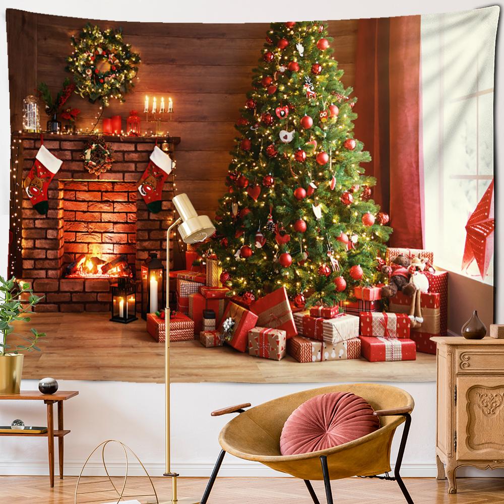 Рождественская елка камин гобелен настенный колдовство психоделический подарок носки новогодняя комната хиппи домашний декор