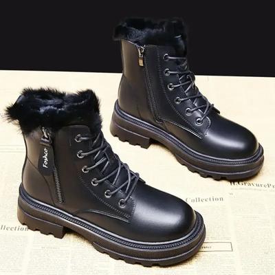 Мода со шнуровкой Женская обувь Элегантные средние каблуки Зимние ботинки для женщин Круглый носок Шнуровка Весна Осень Большой размер Теплый плюш Горячая работа