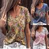 Women Tops Round Neck Abstract Retro Print Street Short Sleeve Multi-color Loose T-shirt