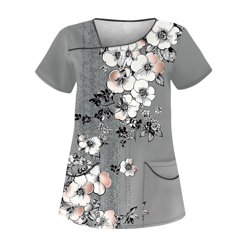 Женская повседневная рабочая одежда с короткими рукавами и наклонным воротником с принтом и двойными карманами