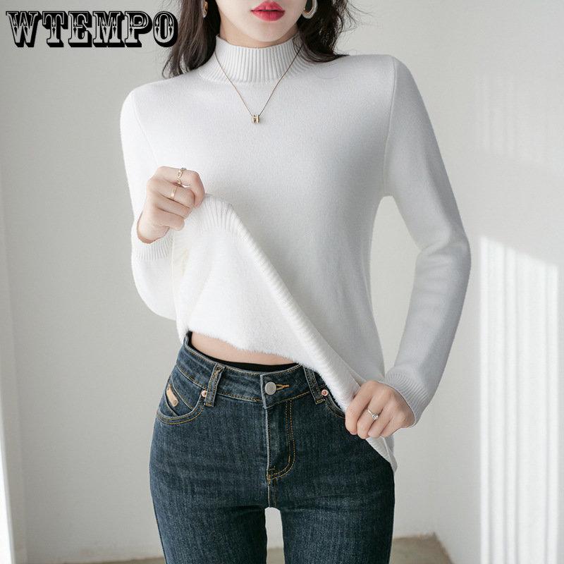 Женские зимние бархатные теплые свитера, однотонные повседневные джемперы на флисовой подкладке, корейские тонкие толстые вязаные пуловеры с полувысо...