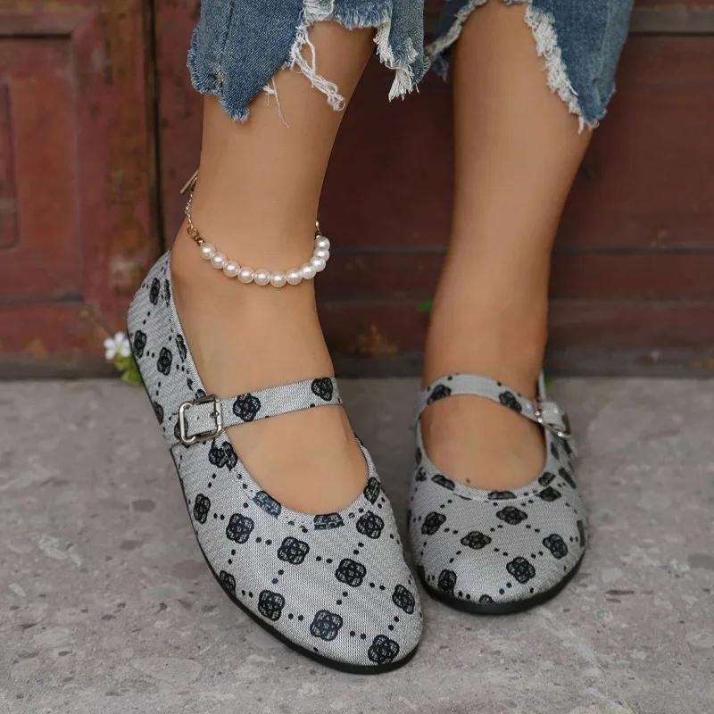 Новые женские удобные плоские туфли с круглым носком и пряжкой для ходьбы, модные весенне-осенние повседневные мокасины с принтом