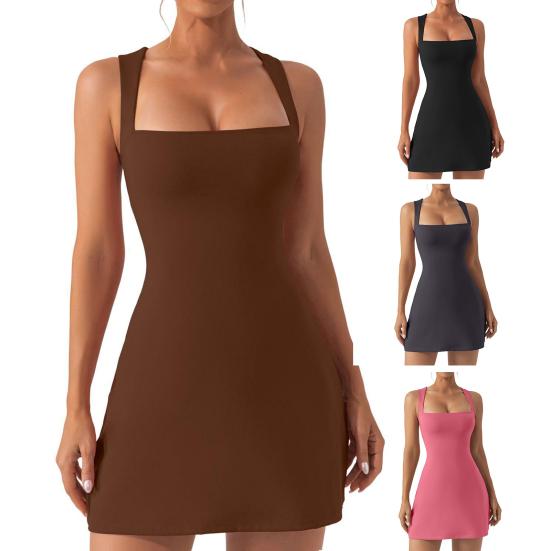 Женское мини-платье с квадратным вырезом, без рукавов, с открытой спиной, высокая эластичность, однотонное облегающее платье длиной выше колена с высокой талией