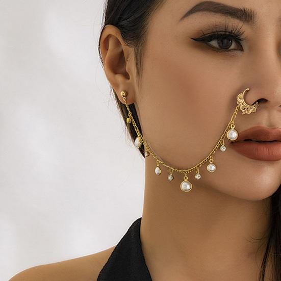 Ethnic Style Star Chain Faux Nose Pearl Tassel Leaf Jewelry Piercing Stud Earrings Nose Ring