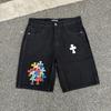 Vintage Washed Denim Shorts With Metal Accents Unisex Straight Fit Punk Style Cotton Blend