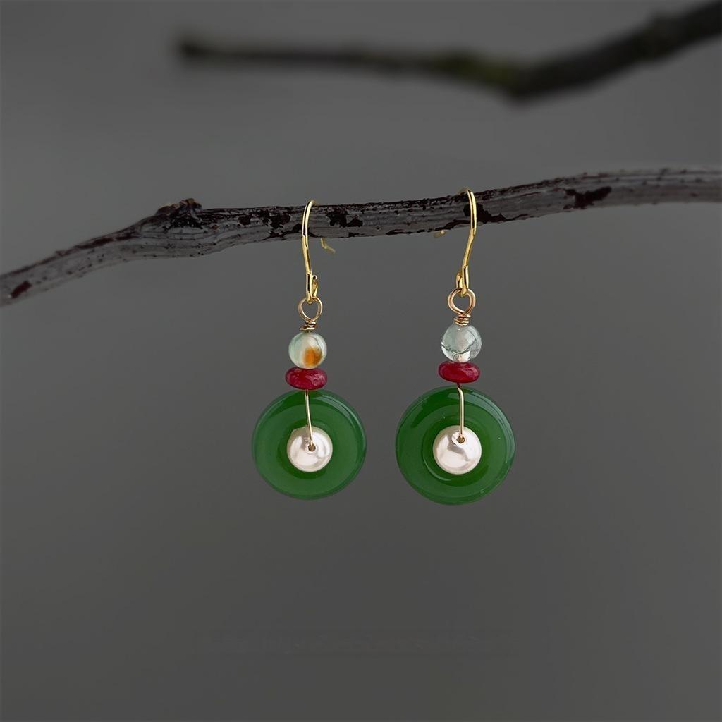 Handmade New Chinese Court Style Geometric Peace Buckle Glass Pearl Agate Drop Earrings