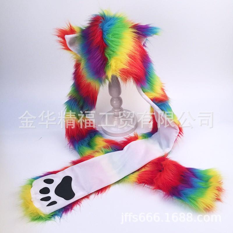 Winter Faux Fur Animal Hat Scarf Gloves 3-in-1 5-Color Striped Party Women Men