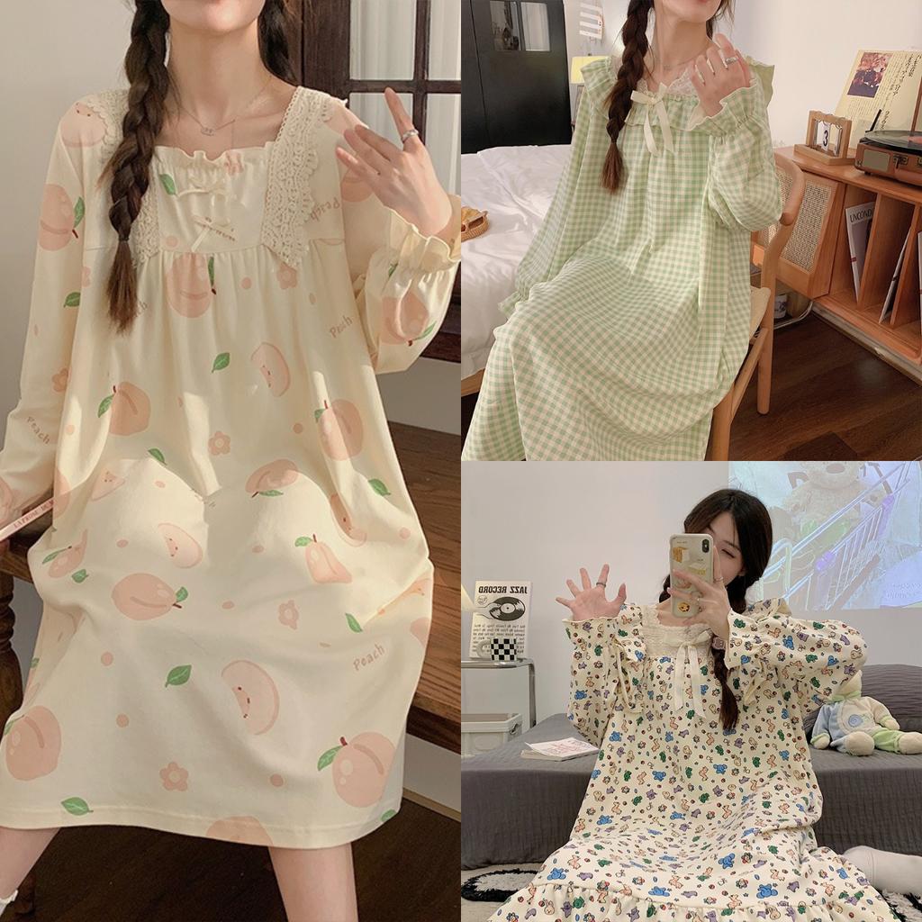 Plus Size Dress Maternity Spring and Summer Pajamas Pure Cotton Long-sleeved Pajamas Long Kawaii Floral Casual Simple Home Clothes