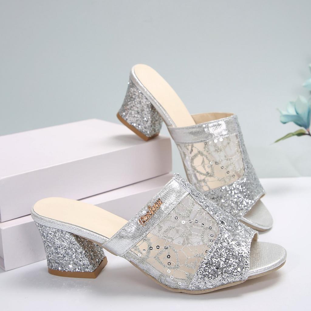 Fashion Breathable Mesh Slippers Women New Summer Shoes Women Fashion Peep Toe Square Heels Sliver Mules Shoes High Heels