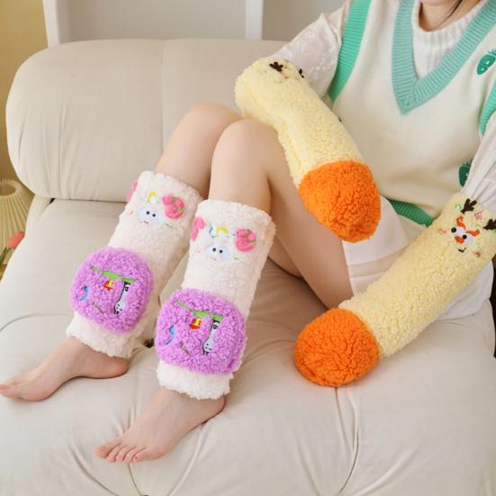 1 Pair Women Plush Fleece Socks Ultra Warm 3D Cartoon Embroidered Socks Elastic Fit Soft Thick Cozy Thermal Socks