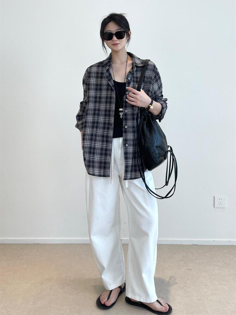 Nan Yu 100% Cotton Plaid Loose Long Sleeve Sun Protection Shirt for Women - Early Autumn 2025 Collection