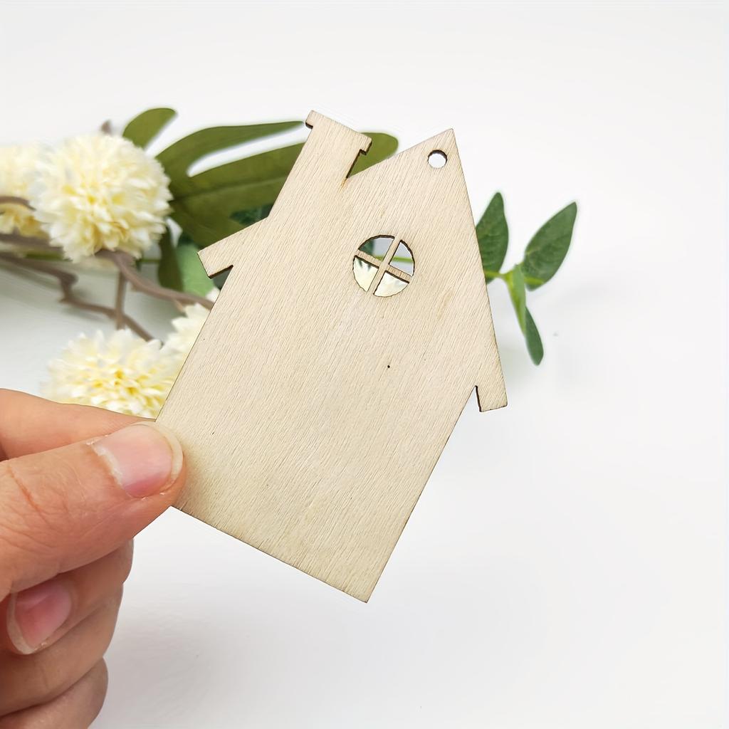 10Pcs Wooden House Cutout Ornaments Small Wood House Crafts Wooden House Shaped Hanging Ornaments for Wedding Birthday Christmas