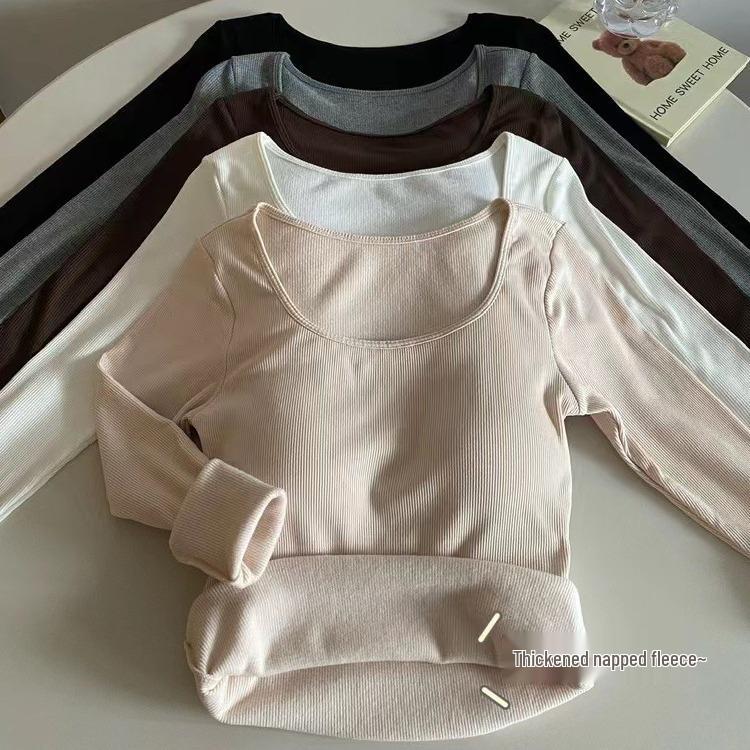 Футболка в корейском стиле облегающего кроя с квадратным вырезом из матового вельвета с нагрудными вкладышами для осени и зимы