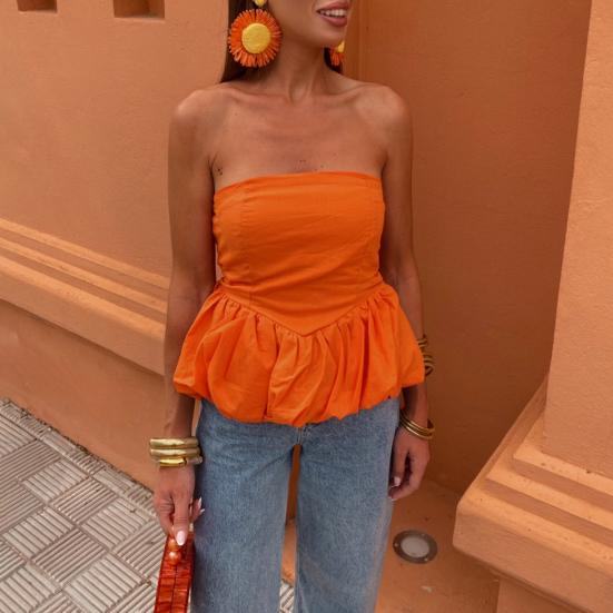 Женские топы бандо без бретелек с эластичной резинкой сзади и пышной юбкой-лепестком, дизайнерские майки для вечеринок, уличной фотографии, жилет для повседневной носки