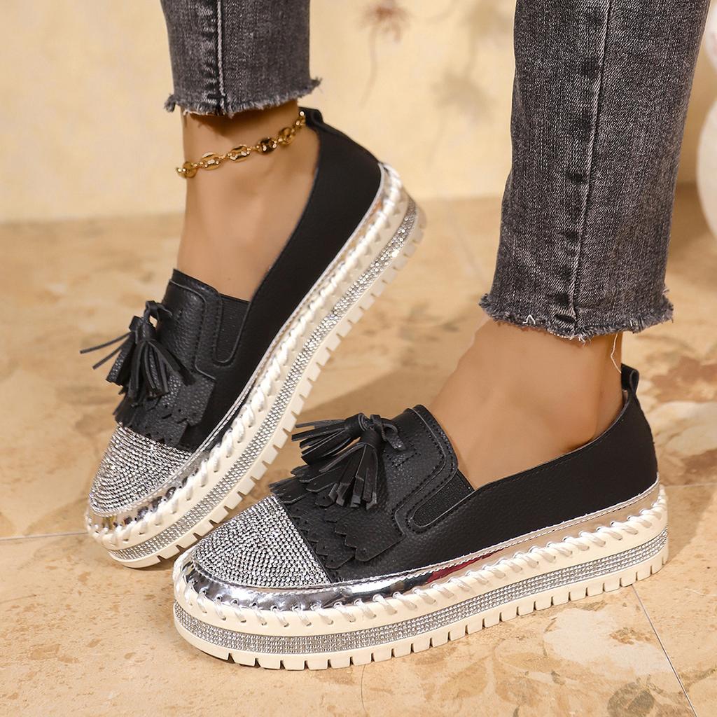 Модные женские повседневные туфли 2025 года, лето, новые туфли на платформе с одной педалью и неглубоким носком, женская обувь со стразами