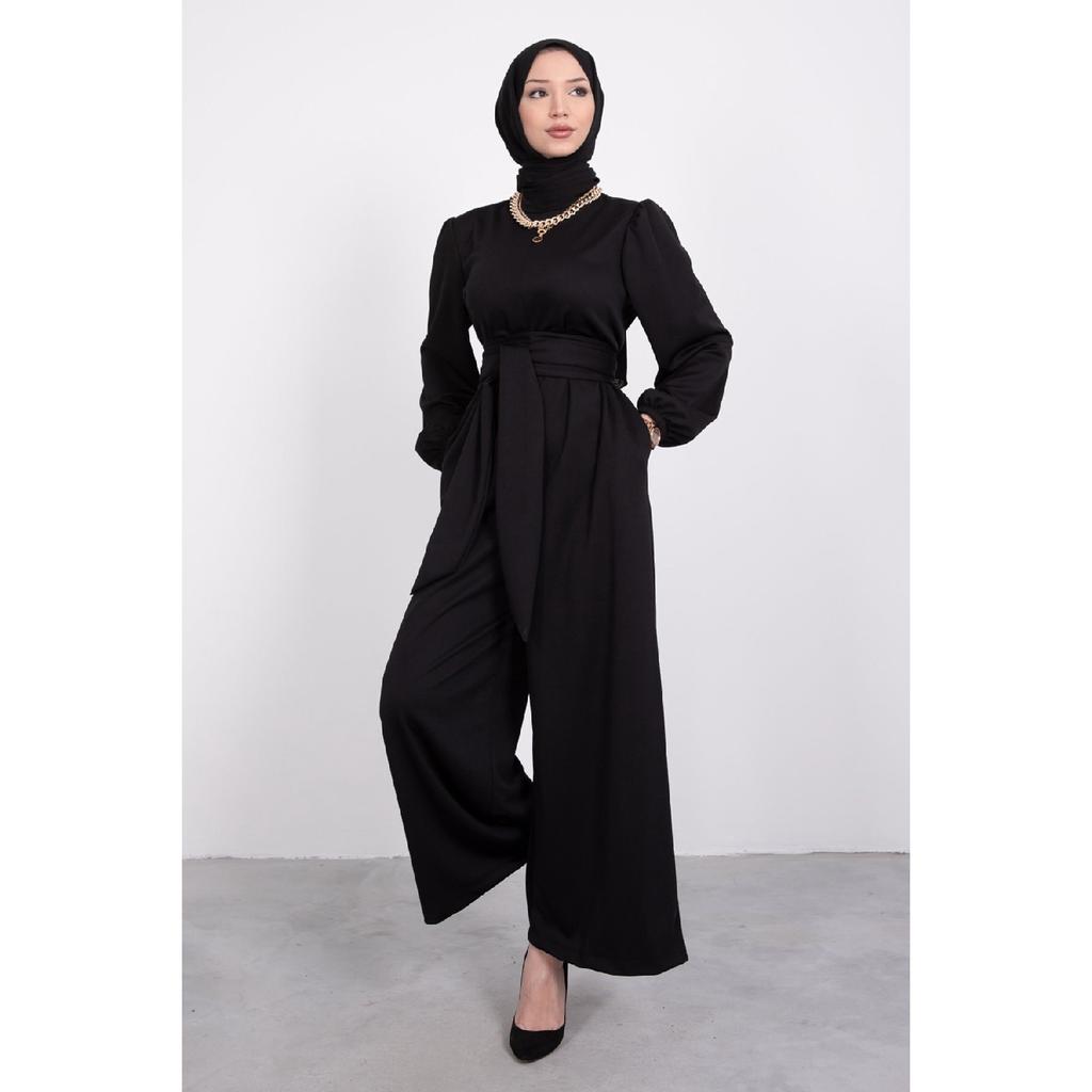 Wide Sash Wrapped Hijab Jumpsuit Black