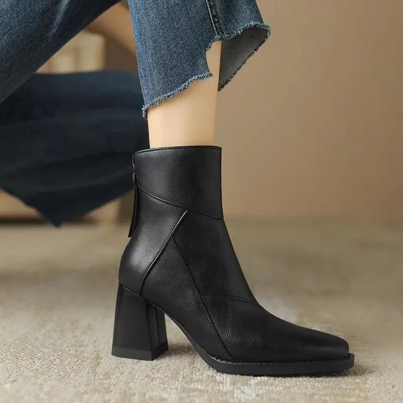 2024 Hot Selling Fashion Square Toe Women's Boots Solid Color Thick Heel Spring Autumn Naked Boots Zipper Decoration