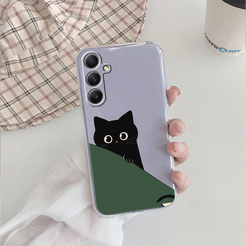 Милый черный кот мягкий прозрачный силиконовый чехол для Xiaomi Redmi Note 13 14T 15 Samsung A55 A35 S24 iPhone 15 Huawei Honor Camera защитный противоударный чехол
