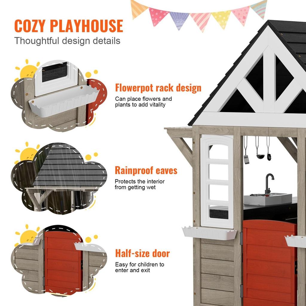 Outdoor Wooden Playhouse Kids Garden Games Cottage with Door Window Sink