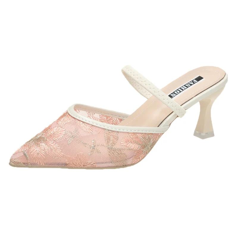 Элегантные цветочные босоножки на высоком каблуке для женщин больших размеров сетчатые дышащие с острым носком шлепанцы летние легкие туфли на тонком каблуке