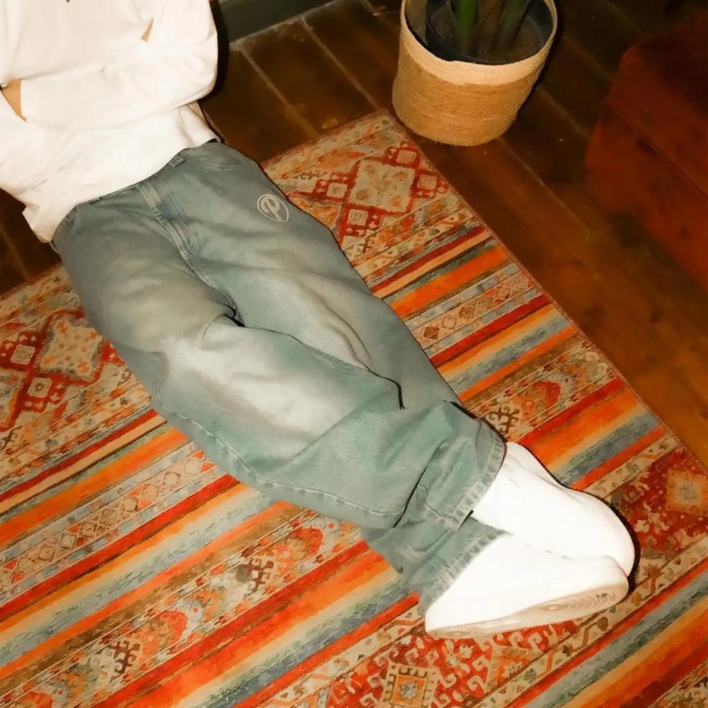 Джинсы Streetwear Y2K Мужские брюки Harajuku Hip Hop Вышитые буквы Винтажные синие мешковатые джинсы с высокой талией Широкие брюки