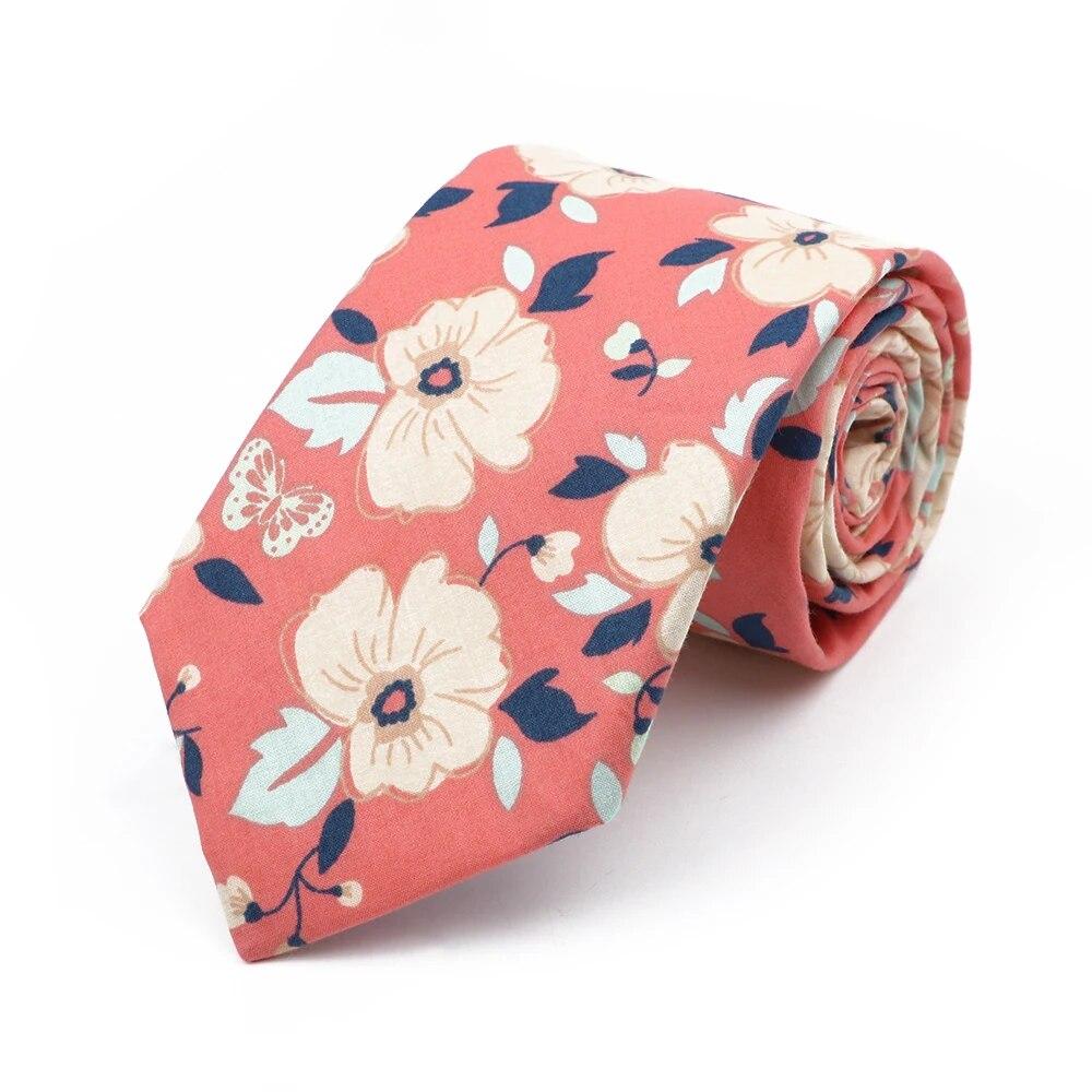Floral Tie, For Men Women, 100% Cotton, Elegant Flower Necktie, White, Blue, Narrow Skinny, Wedding, Party