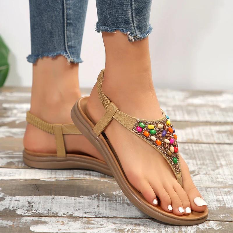 Retro Bohemian Flat Heels Sandals for Women Summer Rhinestone Beads Clip Toe Sandals Woman Lightweight Beach Flip Flops