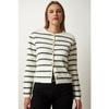 Женский костяной черный стильный трикотажный кардиган в полоску на пуговицах Pf00051