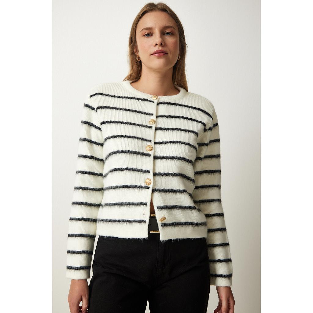 Женский костяной черный стильный трикотажный кардиган в полоску на пуговицах Pf00051
