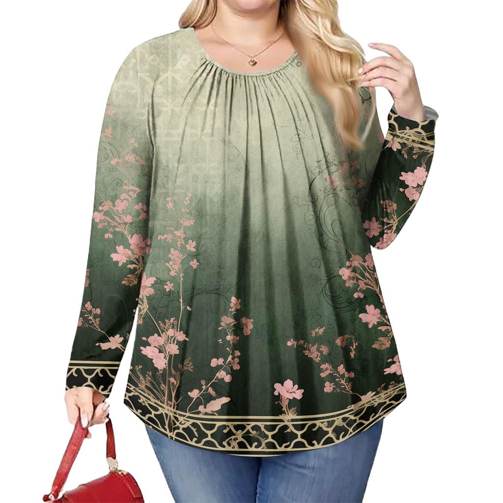 Женский модный топ большого размера с принтом, повседневный плиссированный, с круглым вырезом и длинными рукавами